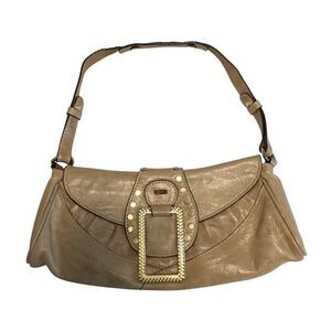 Guess Collection Beige Leather Studded Shoulder Bag With Gold Hardware
